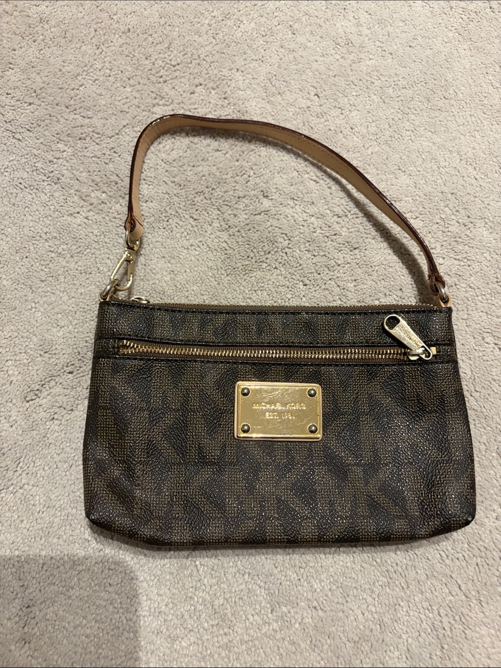 Michael Kors Brown Logo Wristlet with Gold Hardware